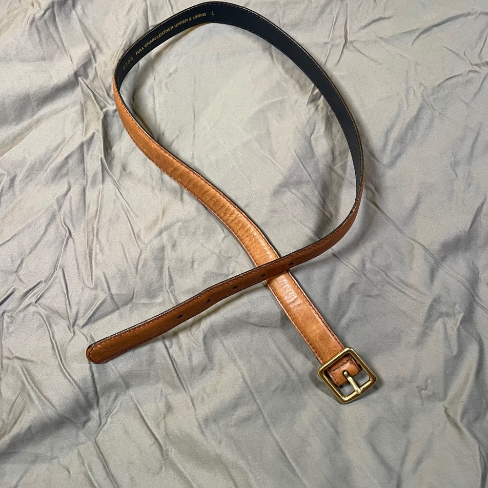 Full Grain Leather Belt Cognac Brown Solid Brass Buckle Mens Size Large Classic - Picture 2 of 5